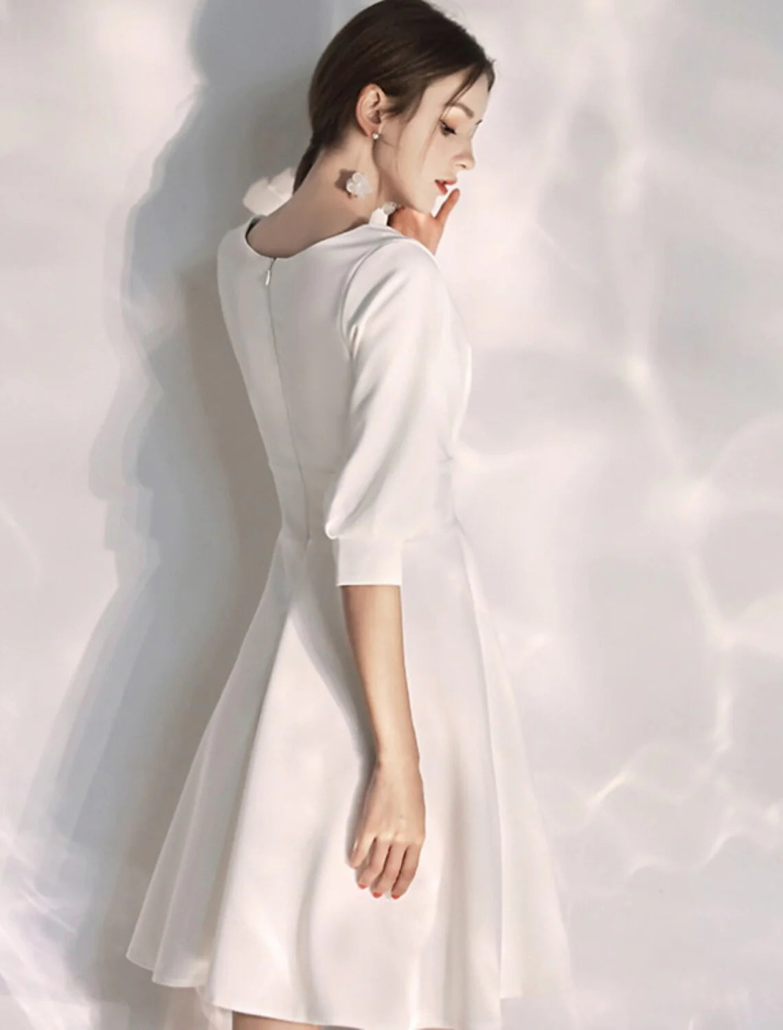 Wholesa Reception Little White Dresses Wedding Dresses A-Line V Neck Half Sleeve Knee Length Stretch Fabric Bridal Gowns With