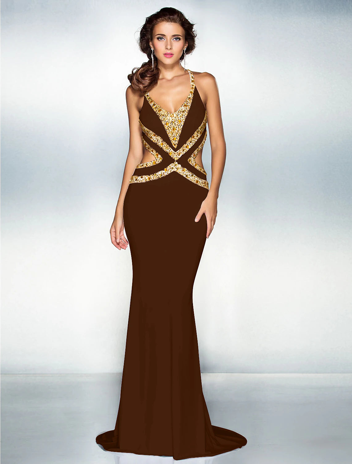 Wholesa Mermaid / Trumpet Sparkle Dress Wedding Guest Engagement Sweep / Brush Train Sleeveless V Neck Jersey Crisscross Back with Crystals