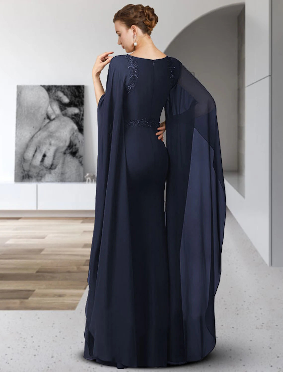 wholesale  Sheath / Column Mother of the Bride Dress Elegant Jewel Neck Floor Length Chiffon Long Sleeve with Sash / Ribbon Appliques