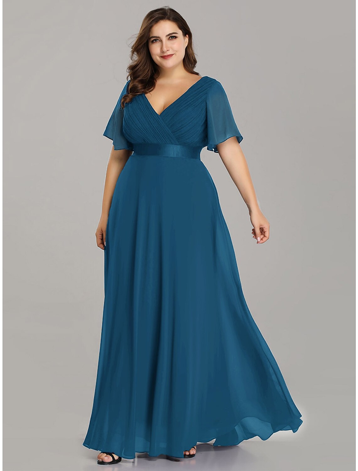 wholesale  A-Line Mother of the Bride Dress Plus Size Elegant V Neck Floor Length Chiffon Short Sleeve with Sash / Ribbon Ruching
