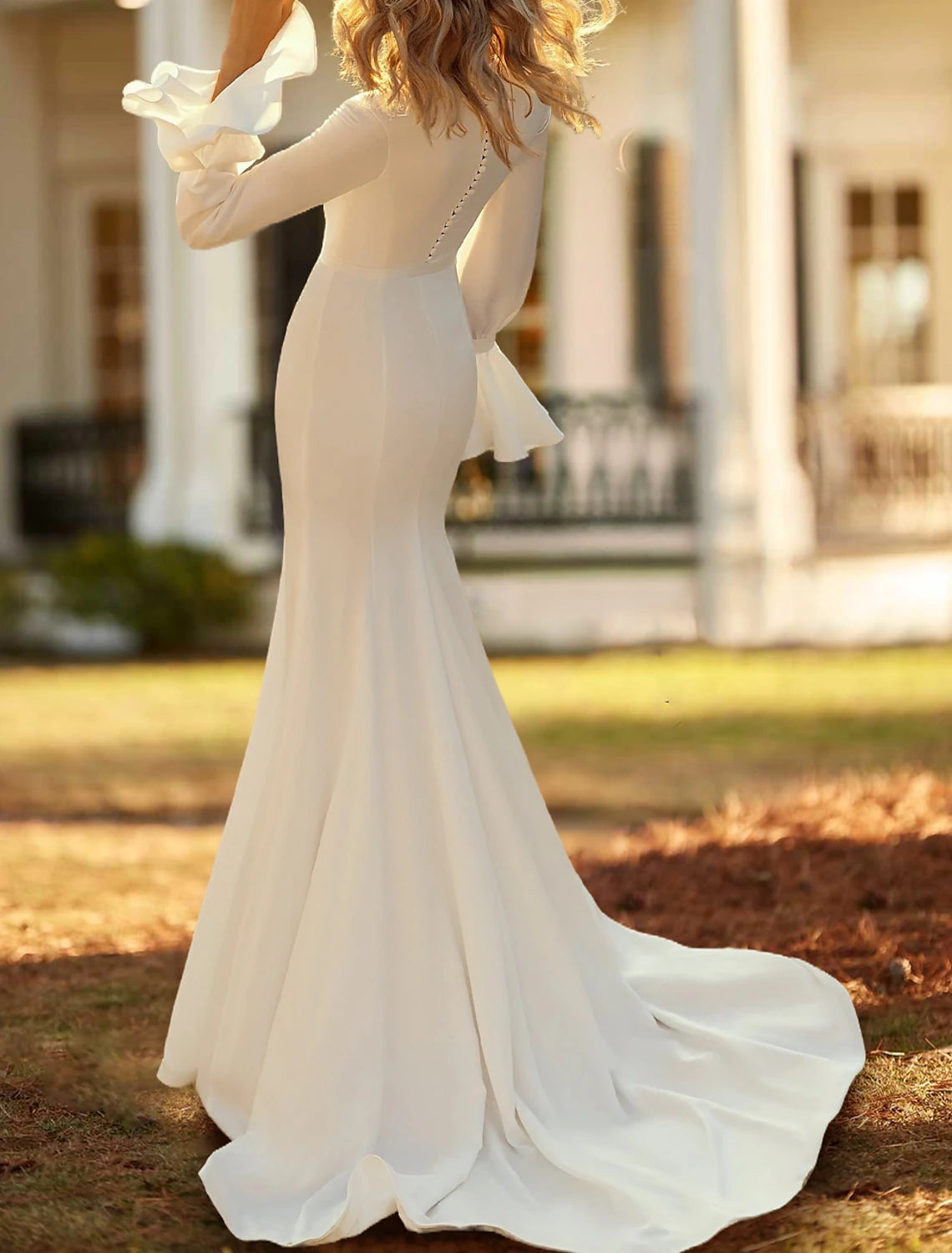 Wholesa Casual Wedding Dresses Mermaid / Trumpet V Neck Long Sleeve Court Train Chiffon Bridal Gowns With Sash / Ribbon