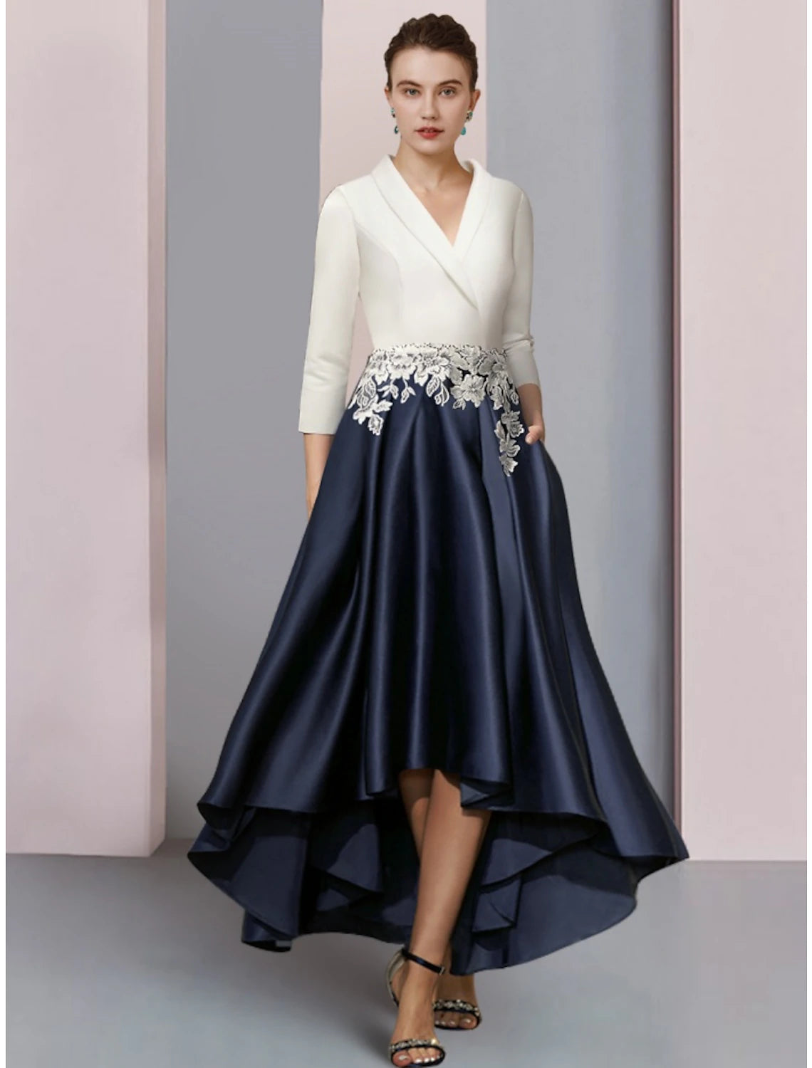 Wholesa  A-Line Mother of the Bride Dress Wedding Guest Elegant V Neck Asymmetrical Satin Lace 3/4 Length Sleeve with Ruching