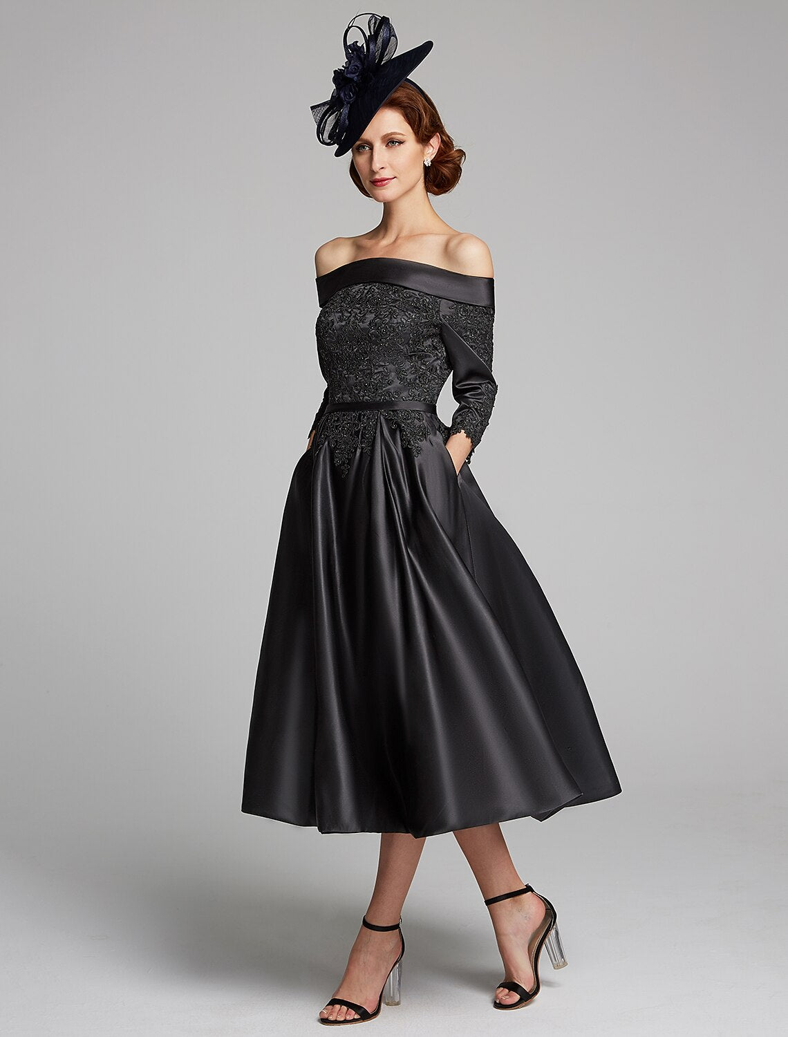 wholesale  A-Line Mother of the Bride Dress Plus Size Sexy Off Shoulder Tea Length Satin Lace 3/4 Length Sleeve with Lace Sash / Ribbon