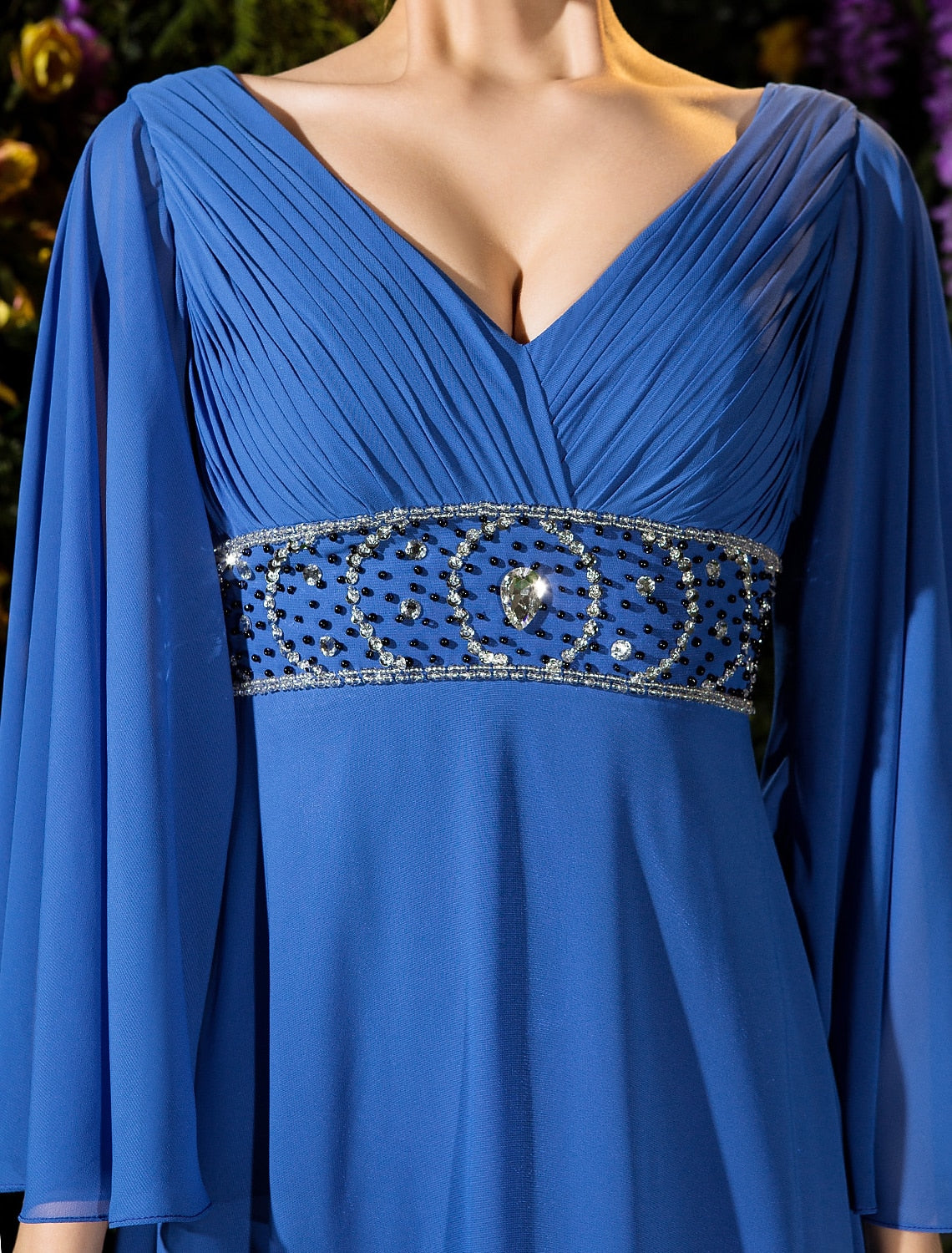 wholesale  A-Line Mother of the Bride Dress Vintage Inspired V Neck Floor Length Chiffon Long Sleeve with Crystals Beading Side Draping