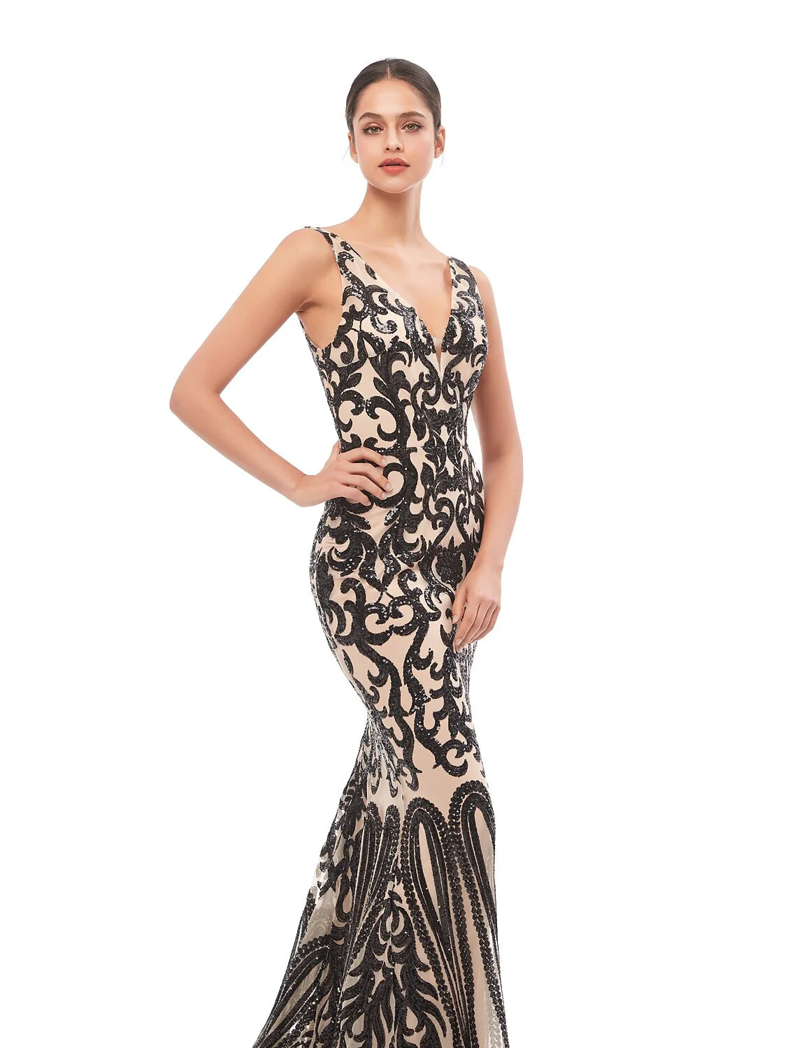 Wholesa Mermaid / Trumpet Evening Gown Celebrity Style Dress Prom Court Train Sleeveless V Neck Tulle with Sequin