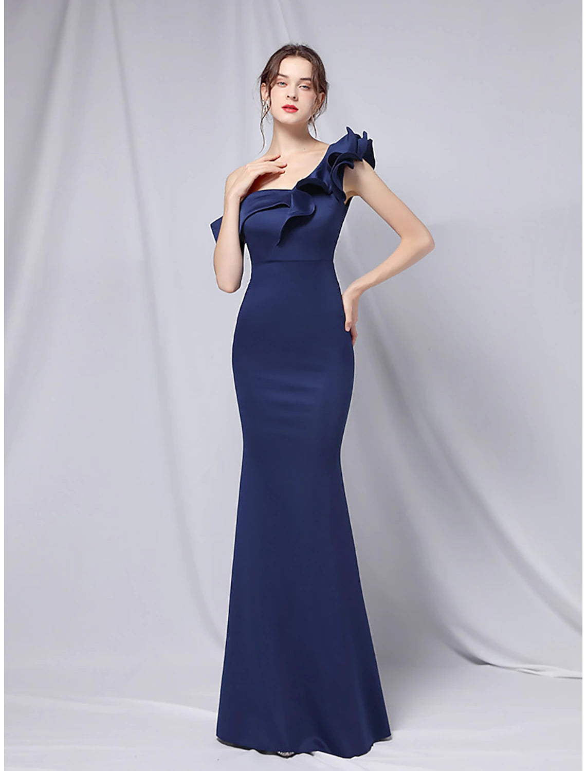 Wholesa Mermaid / Trumpet Evening Gown Empire Dress Wedding Guest Formal Evening Floor Length Short Sleeve One Shoulder Stretch Satin with Ruffles