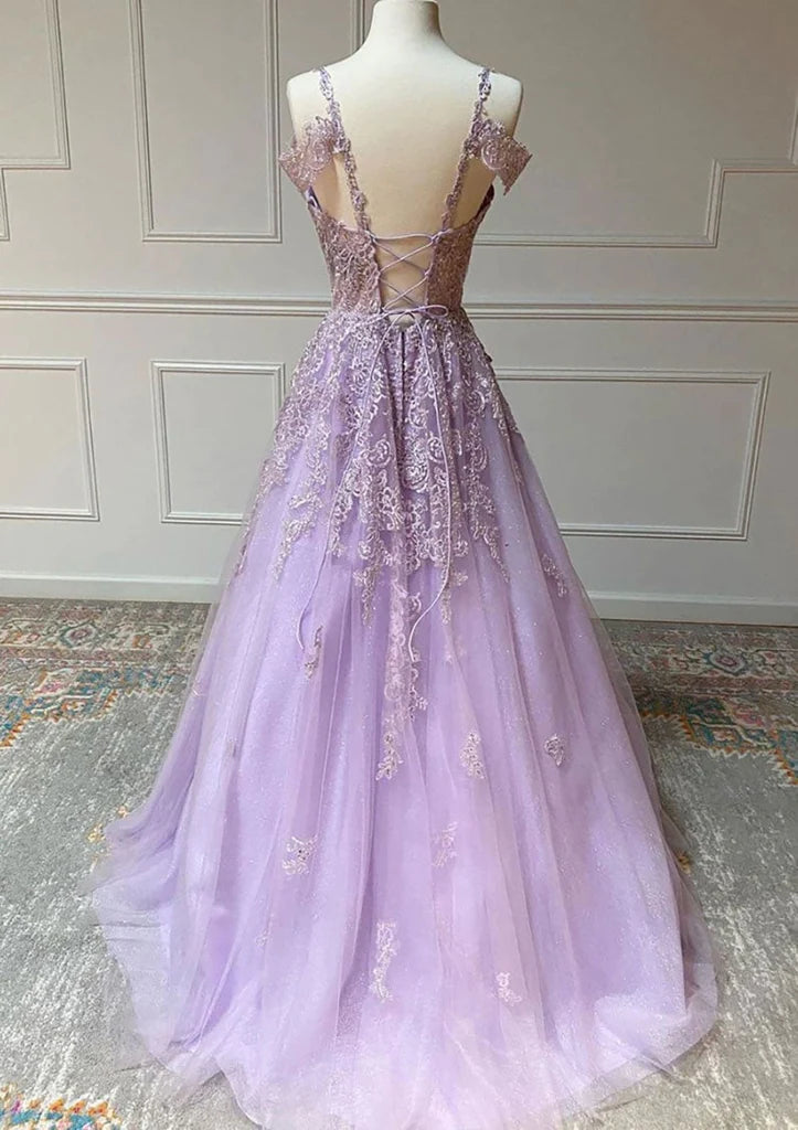 Wholesa Off Shoulder Open Back Lilac Lace Tulle Prom Dress Formal Evening Gown