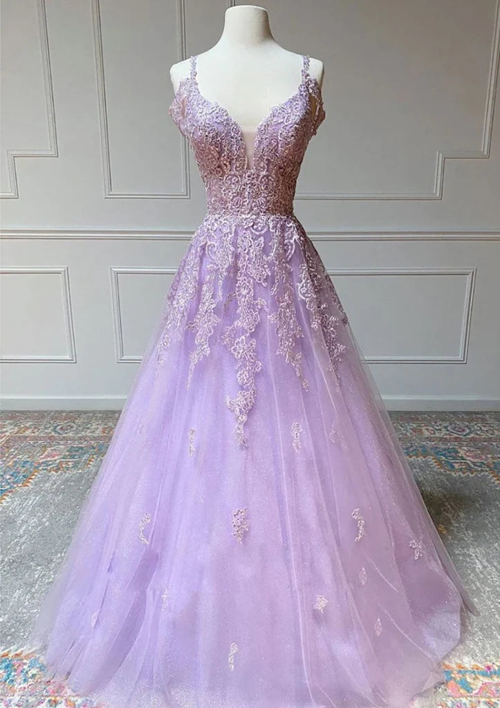Wholesa Off Shoulder Open Back Lilac Lace Tulle Prom Dress Formal Evening Gown