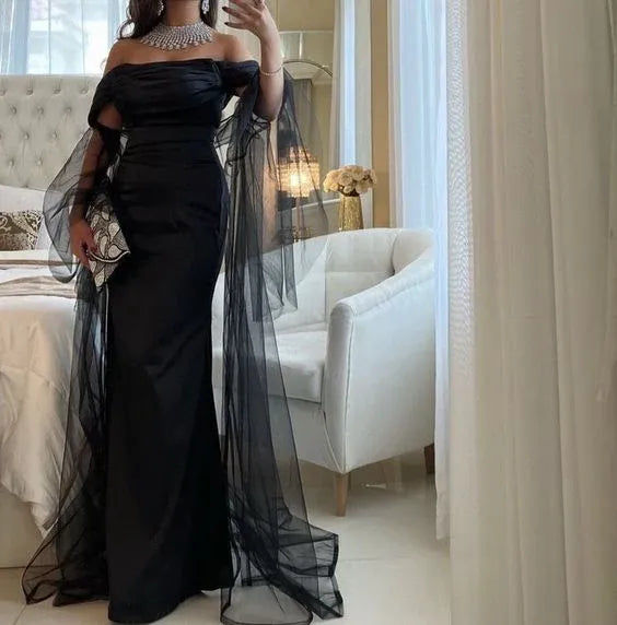 Off‑the‑Shoulder Black‑Satin Draped‑Long‑Tulle‑Sleeve Mermaid Prom Dress