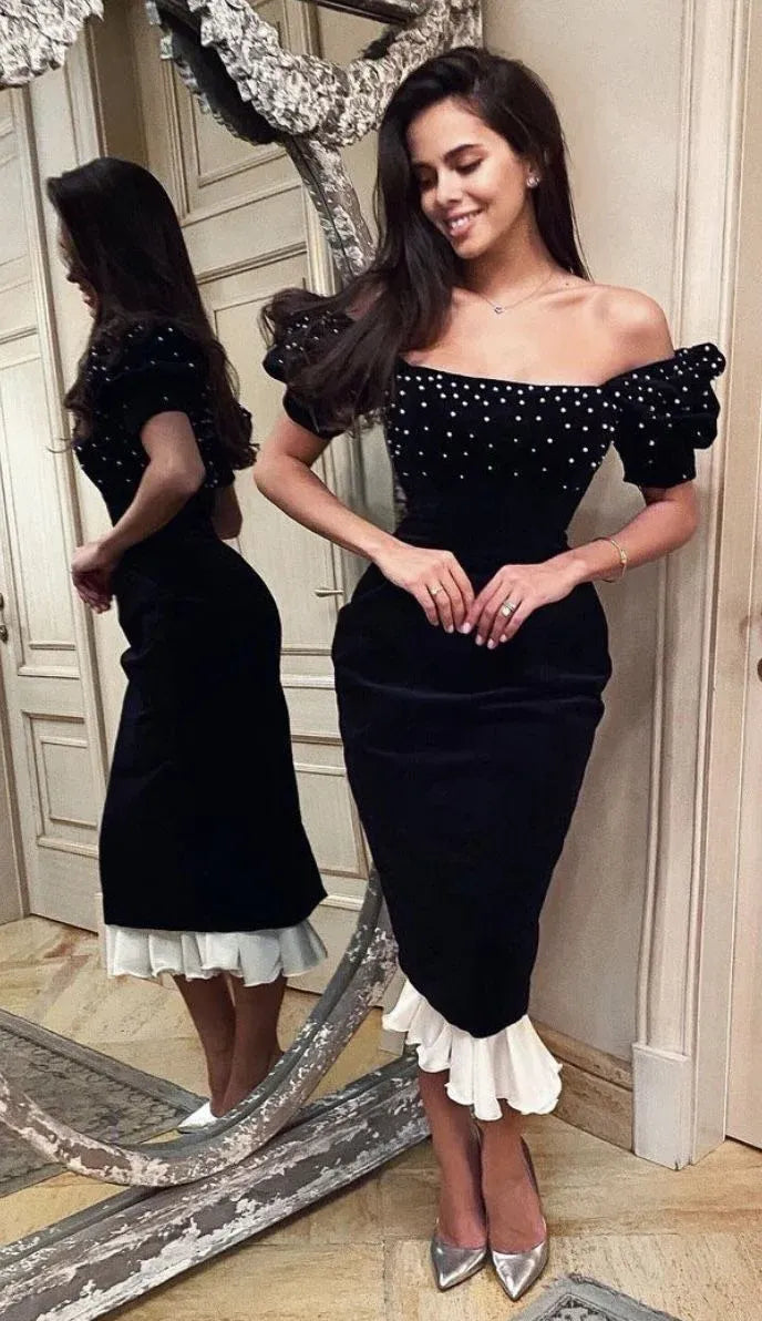 Off‑the‑Shoulder Black‑Velvet Pearl‑Beaded White‑Ruffle Midi Prom Dress