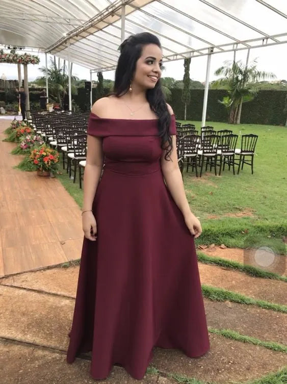 Off‑the‑Shoulder Burgundy Crepe A‑Line Formal Midi Dress