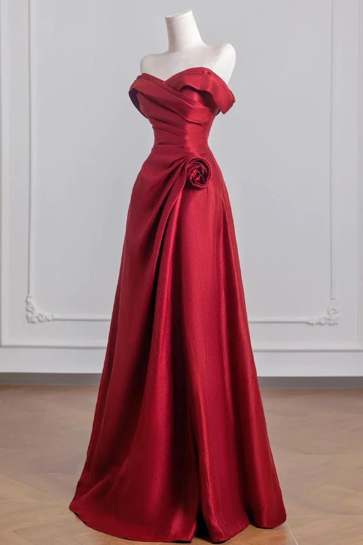 Off‑the‑Shoulder Burgundy Satin 3D‑Rose A‑Line Prom Dress