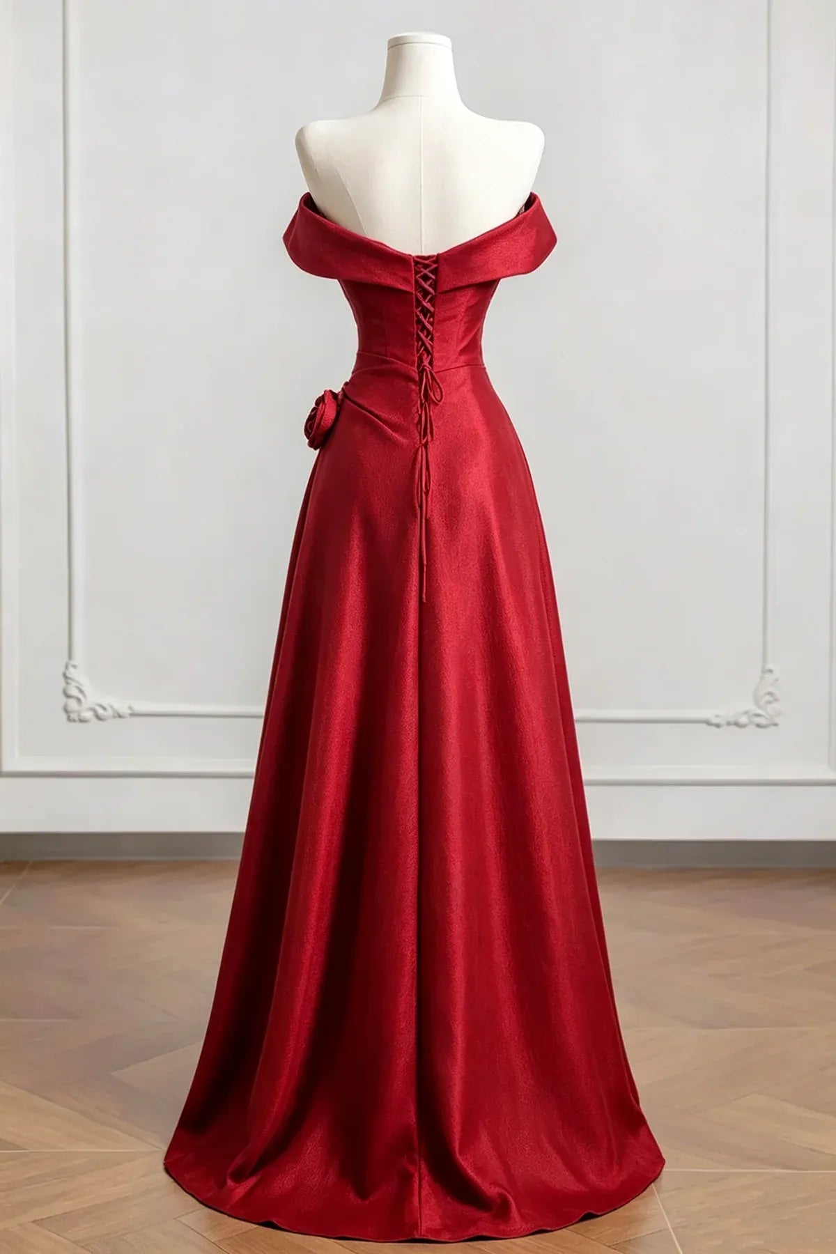 Off‑the‑Shoulder Burgundy Satin 3D‑Rose A‑Line Prom Dress