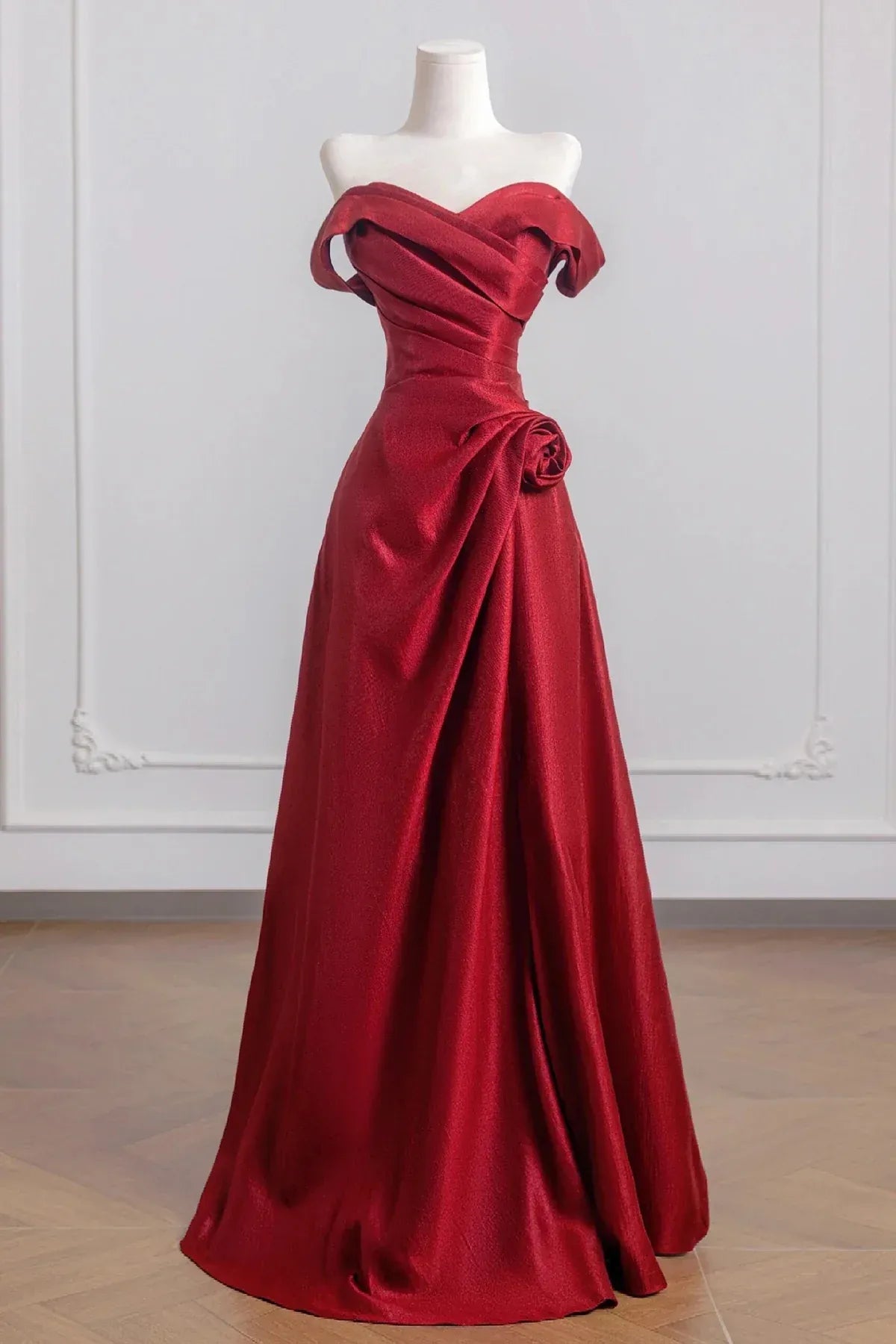 Off‑the‑Shoulder Burgundy Satin 3D‑Rose A‑Line Prom Dress