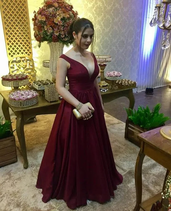 Off‑the‑Shoulder Burgundy Satin A‑Line Prom Dress