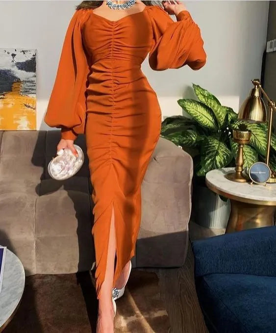 Off‑the‑Shoulder Burnt‑Orange Crepe Puff‑Sleeve Ruched‑Front High‑Slit Midi Prom Dress