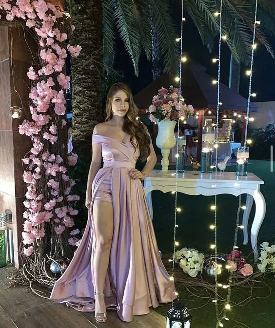 Off‑the‑Shoulder Dusty‑Rose Satin High‑Slit Overskirt Prom Dress