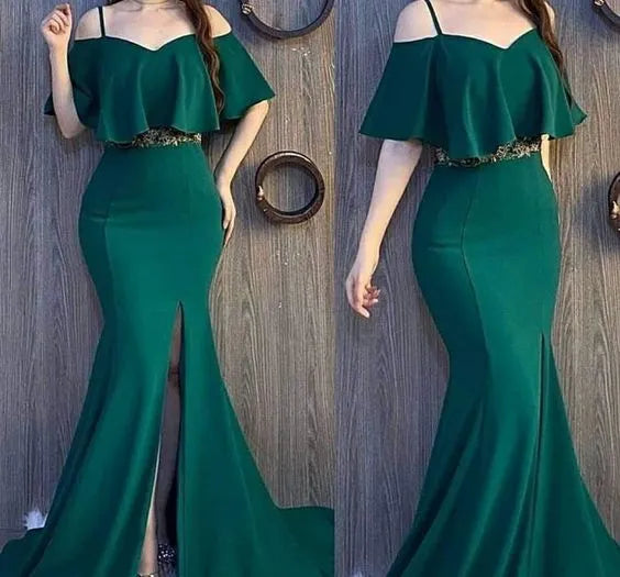 Off‑the‑Shoulder Emerald‑Green Crepe Ruffle‑Top Beaded‑Waist High‑Slit Mermaid Prom Dress
