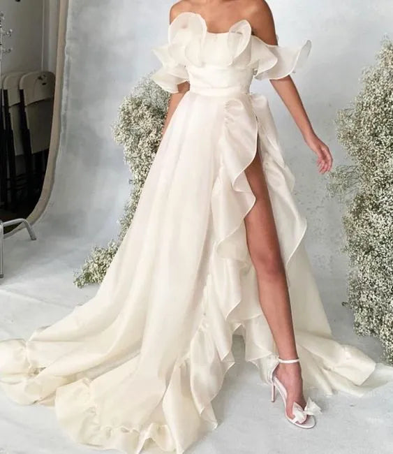 Off‑the‑Shoulder Ivory‑Satin Ruffle‑Trim High‑Slit A‑Line Prom Dress