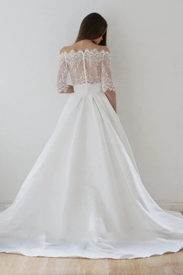 Wholesa Two-Piece A-Line Off-The-Shoulder Lace Satin Wedding Dress With Sweep Train