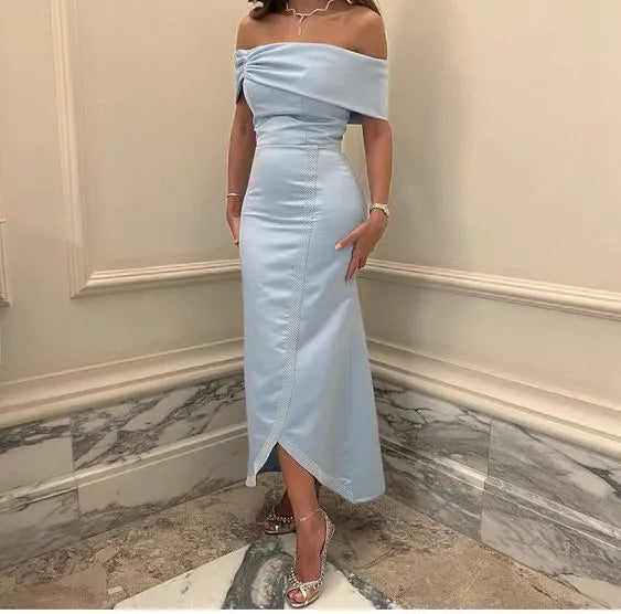 Off‑the‑Shoulder Light Blue Satin Midi Slit Formal Dress