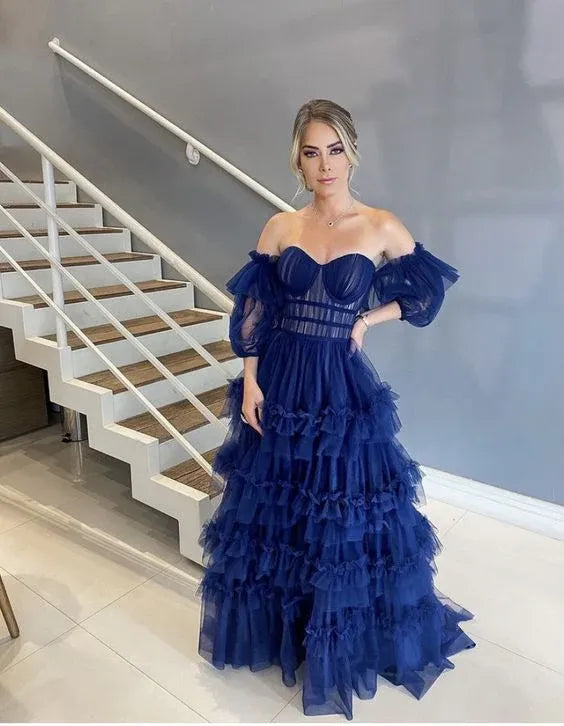 Off‑the‑Shoulder Navy‑Blue Tulle Puff‑Sleeve Tiered‑Ruffle A‑Line Prom Dress