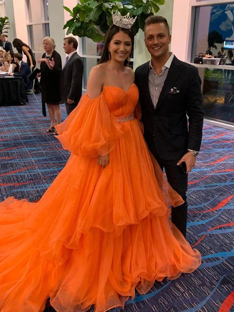 Off‑the‑Shoulder Orange Tulle Puffy‑Sleeve A‑Line Prom Dress