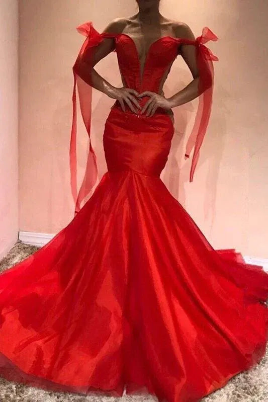 Off‑the‑Shoulder Red Satin Corset Mermaid Prom Dress