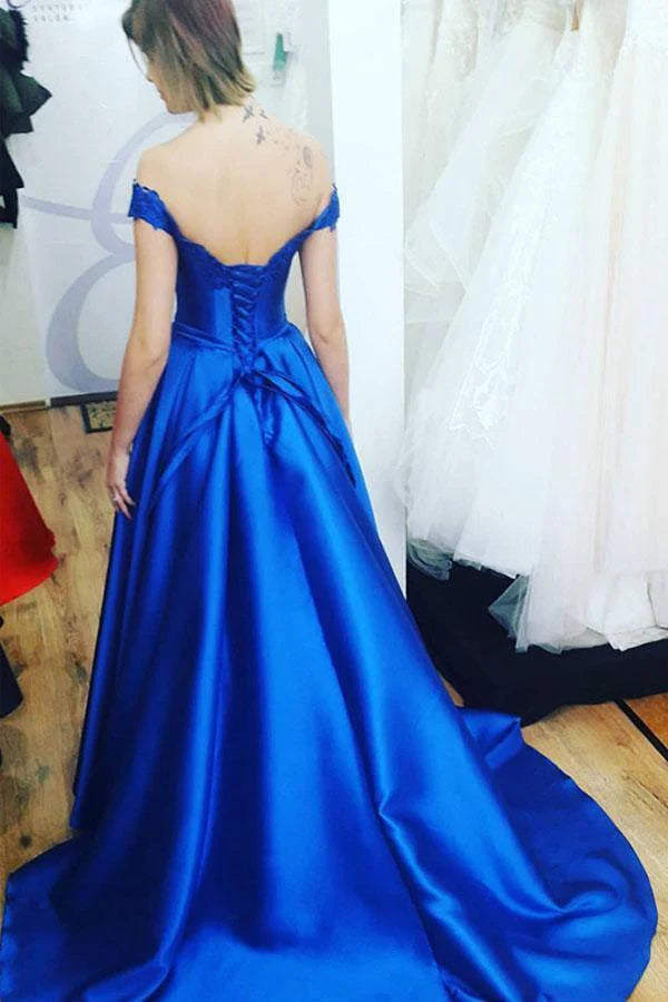Wholesa A-line Off the Shoulder Lace-Up Back Royal Blue Long Prom Dress