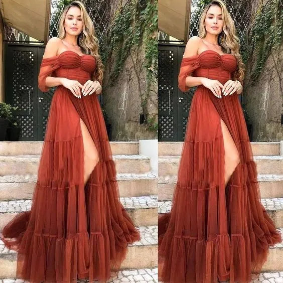 Off‑the‑Shoulder Rust‑Orange Tulle Puff‑Sleeve Tiered‑Ruffle High‑Slit Prom Dress