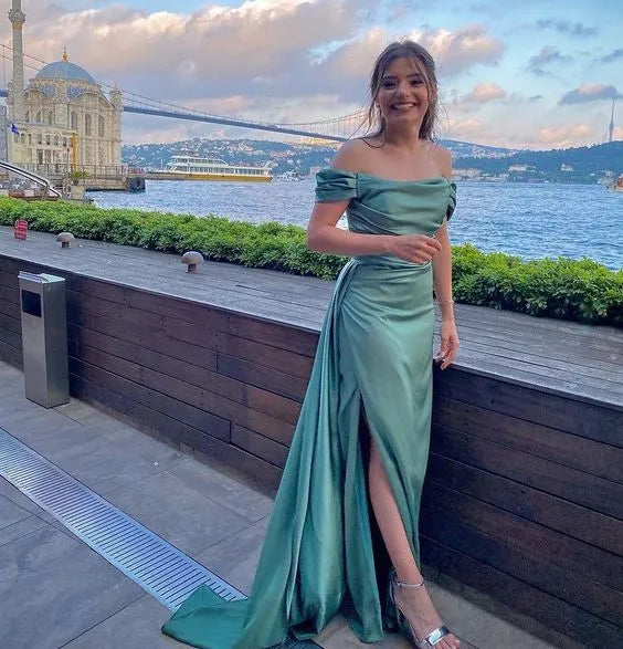 Off‑the‑Shoulder Sage‑Green Satin Mermaid Slit Prom Dress