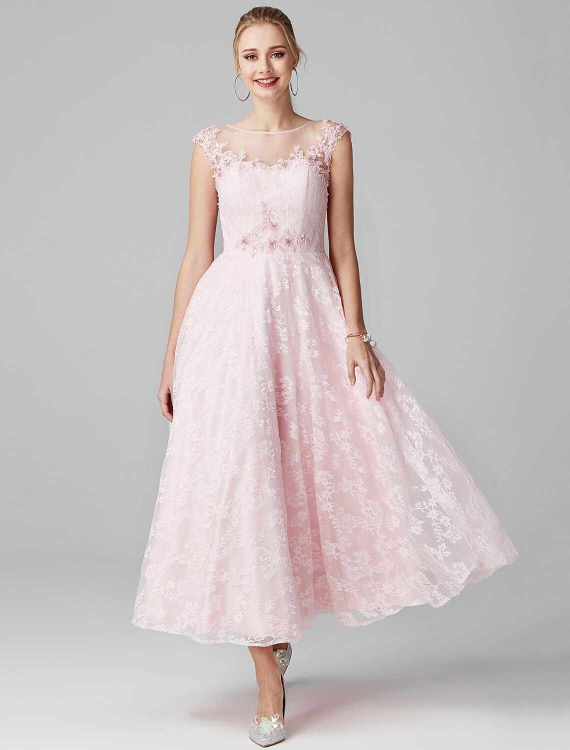 wholesa A-Line Prom Dresses Floral Dress Evening Party Wedding Guest Ankle Length Short Sleeve Illusion Neck Lace Zipper with Appliques