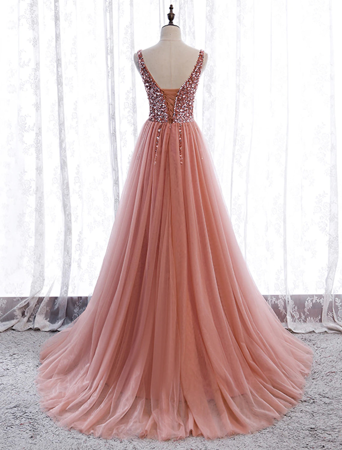 wholesale  A-Line Prom Dresses Elegant Dress Party Wear Wedding Party Court Train Sleeveless V Neck Polyester with Pearls Embroidery
