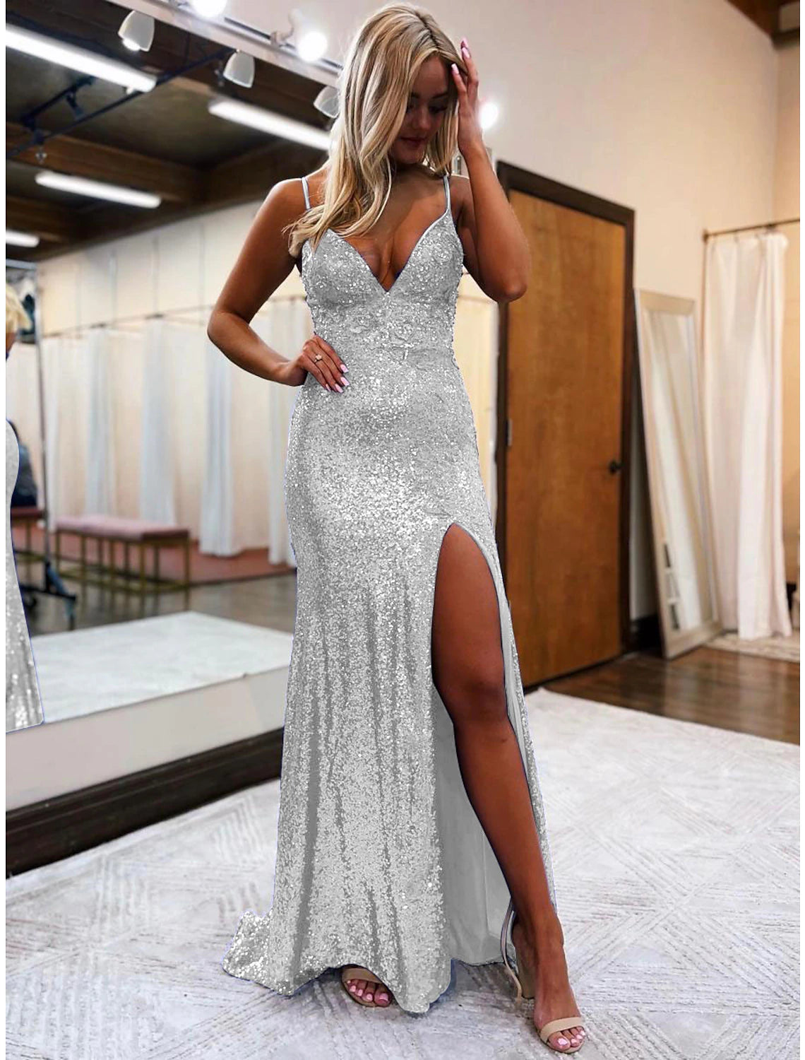 Wholesa Mermaid / Trumpet Prom Dresses Sparkle & Shine Dress Formal Wedding Party Sweep / Brush Train Sleeveless V Neck Sequined Backless with Glitter Sequin