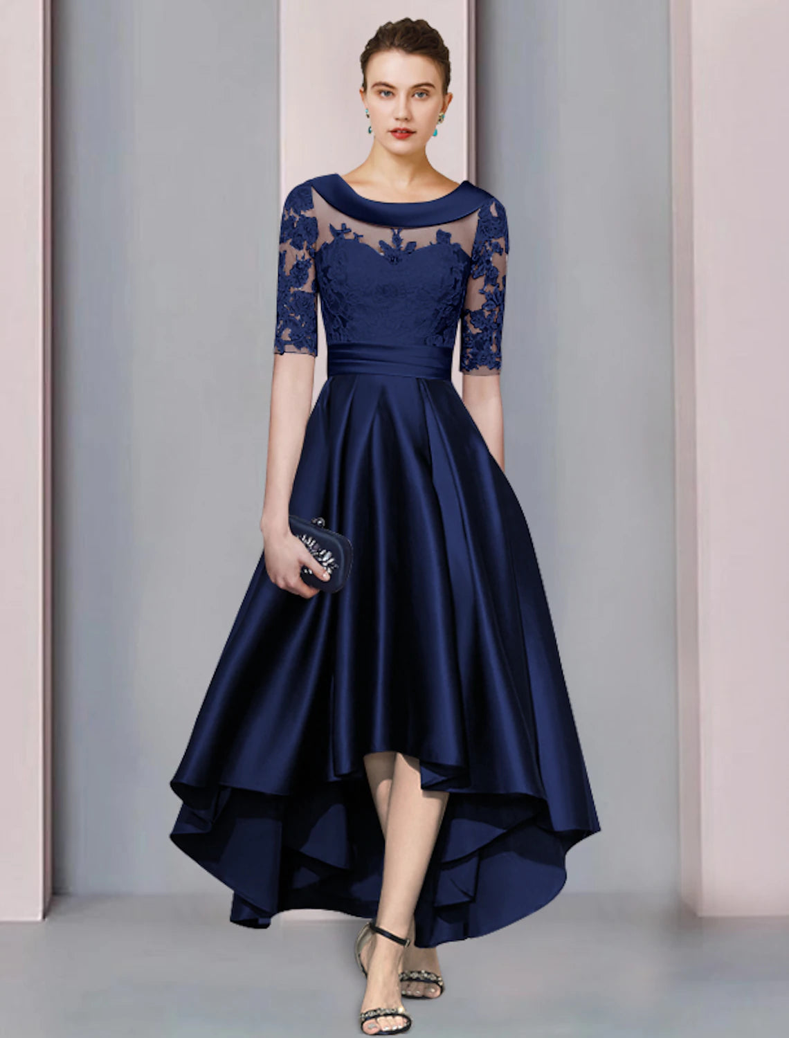 wholesale  A-Line Mother of the Bride Dress Wedding Guest Elegant High Low Scoop Neck Asymmetrical Tea Length Satin Lace Half Sleeve with Appliques
