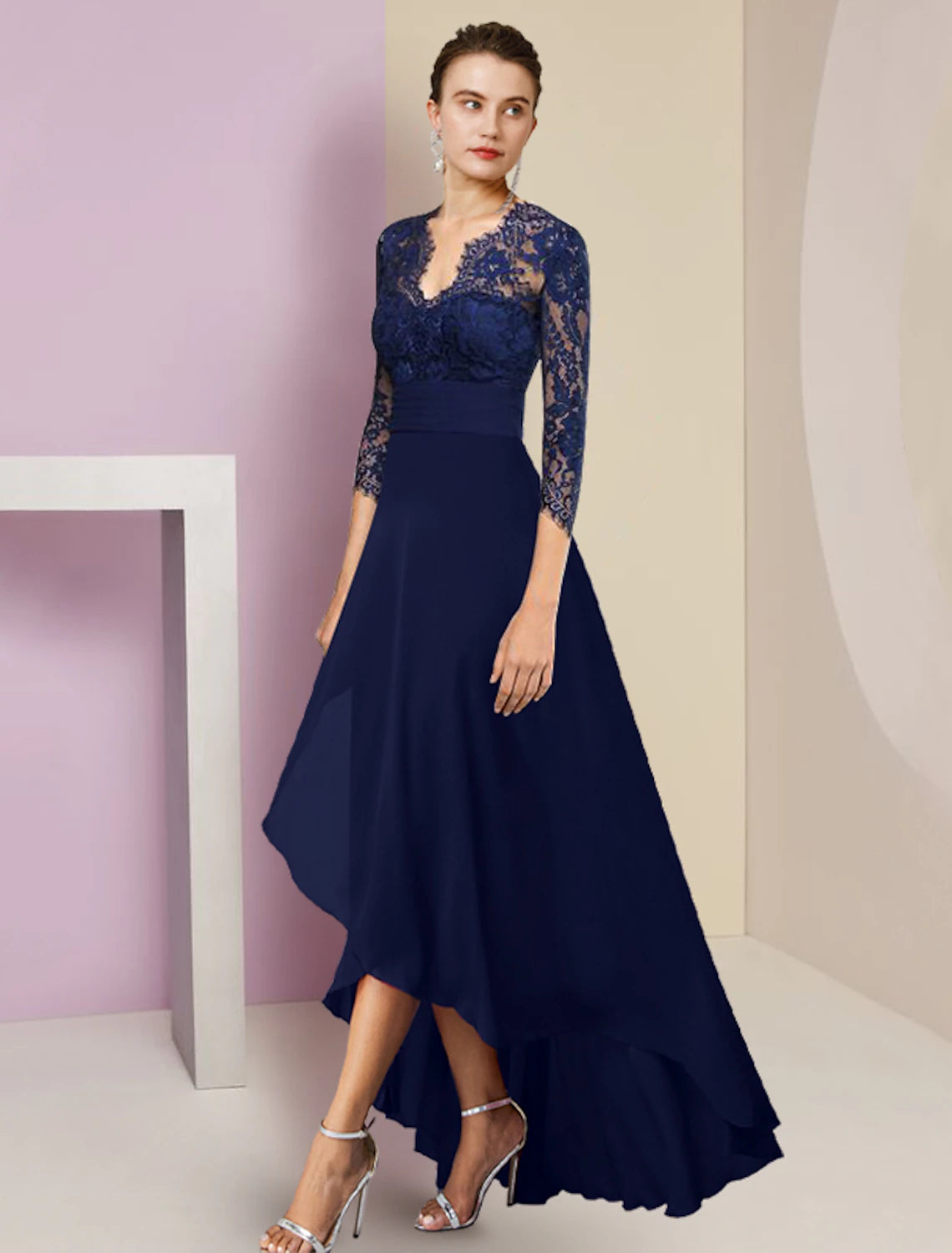 wholesale  A-Line Mother of the Bride Dress Formal Wedding Guest Elegant High Low V Neck Asymmetrical Tea Length Chiffon Lace 3/4 Length Sleeve with Ruched