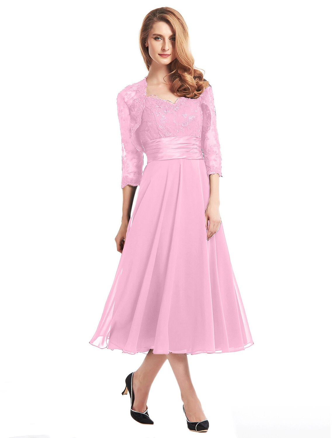 wholesale  A-Line Mother of the Bride Dress Convertible Dress V Neck Tea Length Chiffon Corded Lace Sleeveless with Lace Pleats Appliques