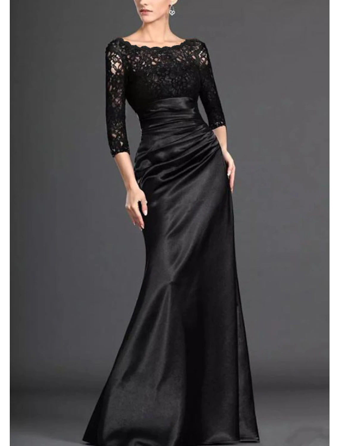 Wholesa Mermaid / Trumpet Mother of the Bride Dress Elegant Off Shoulder Floor Length Lace Stretch Satin 3/4 Length Sleeve with Pleats Draping