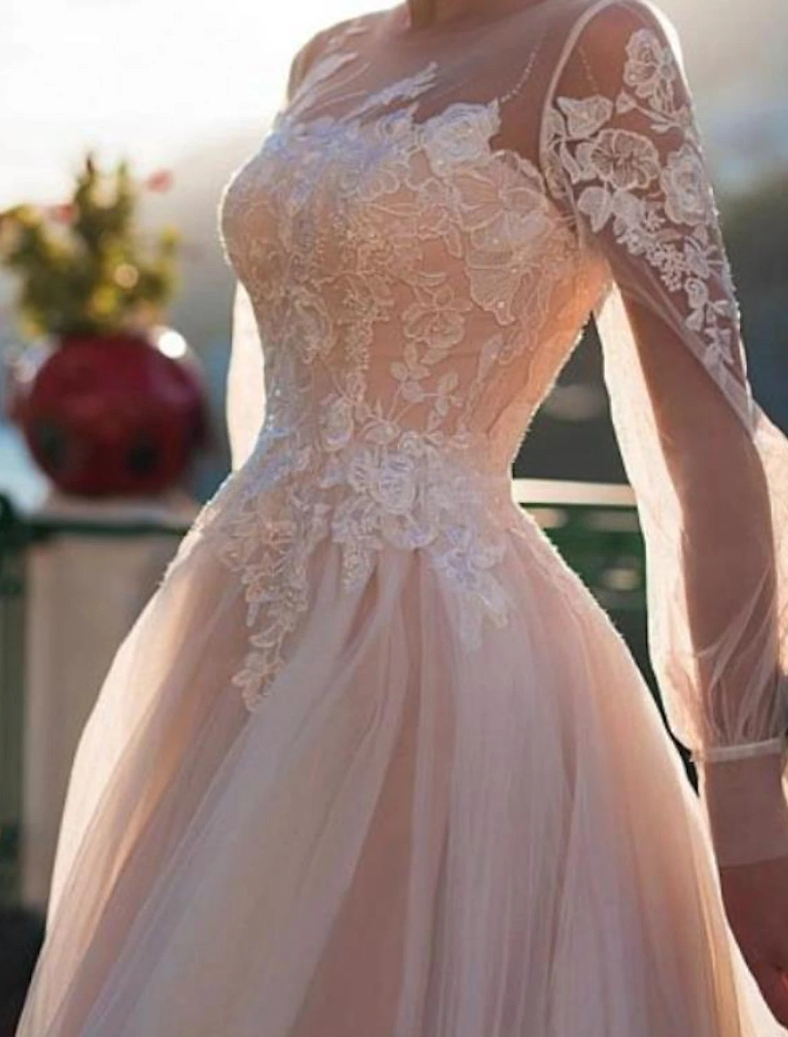 Wholesa Beach Wedding Dresses in Color Wedding Dresses A-Line Illusion Neck Long Sleeve Sweep / Brush Train Lace Bridal Gowns With Embroidery Appliques