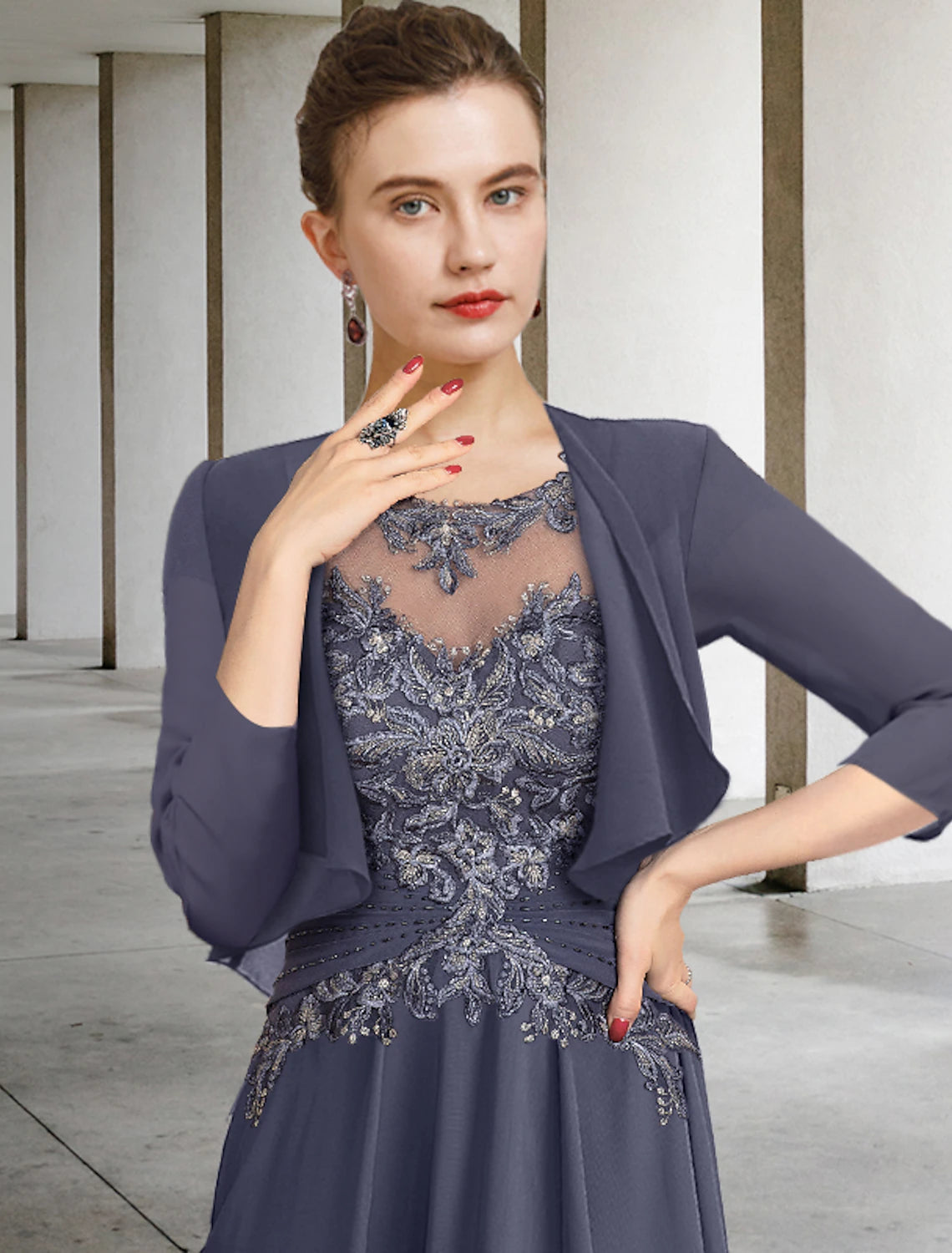 wholesale  Two Piece A-Line Plus Size Curve Mother of the Bride Dress Wedding Guest Elegant Jewel Neck Ankle Length Chiffon Lace Short Sleeve Fall Wrap Included with Ruched Appliques