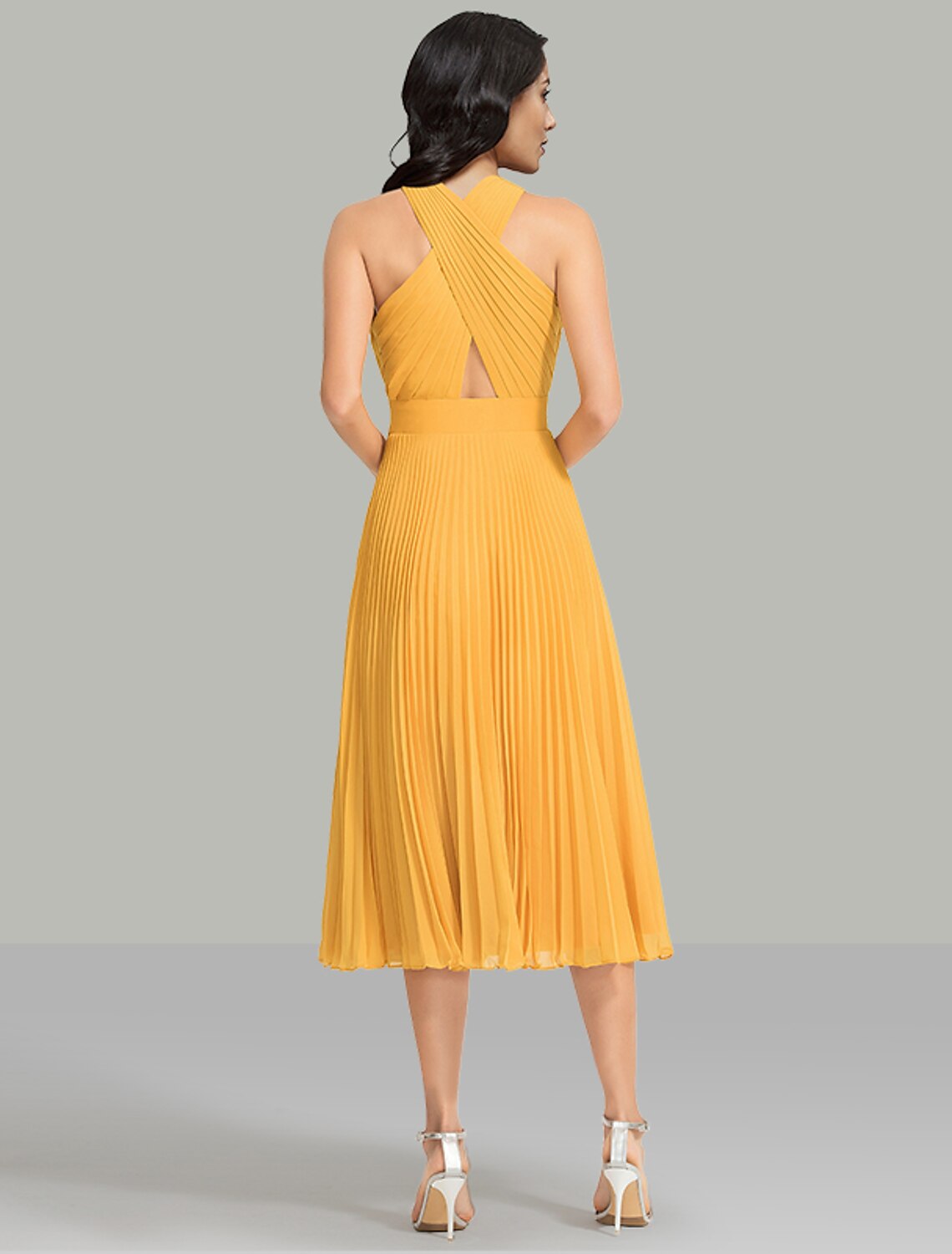 Wholesa  A-Line Wedding Guest Dresses Elegant Dress Cocktail Party Wedding Party Tea Length Sleeveless Halter Neck Chiffon with Ruched