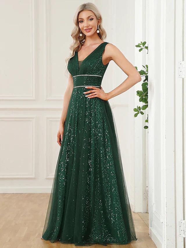 Wholesa A-Line Prom Dresses Elegant Dress Party Wear Floor Length Sleeveless V Neck Sequined V Back with Sequin