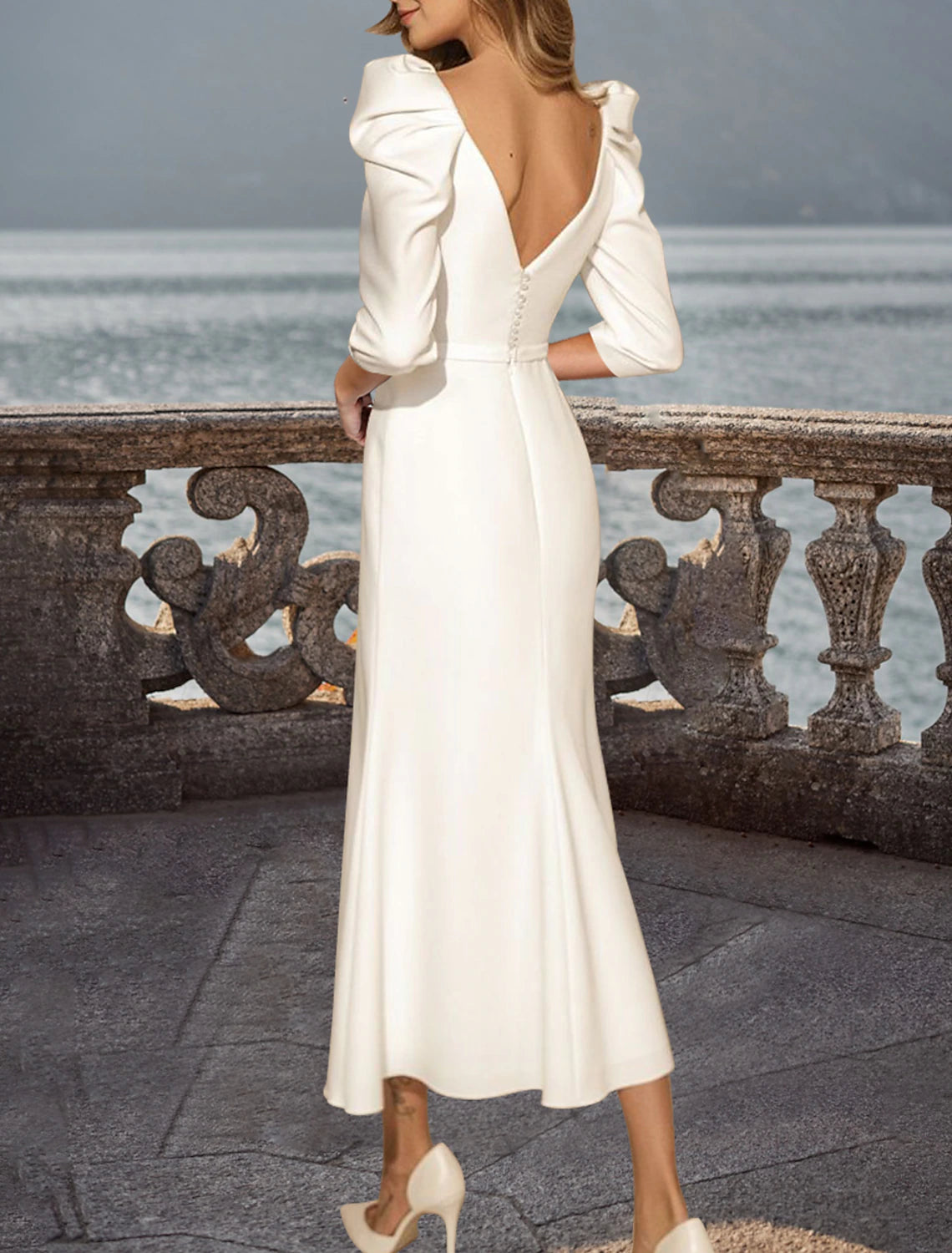Wholesa Reception Vintage 1940s / 1950s Simple Wedding Dresses Wedding Dresses A-Line V Neck 3/4 Length Sleeve Tea Length Satin Bridal Gowns With Solid Color