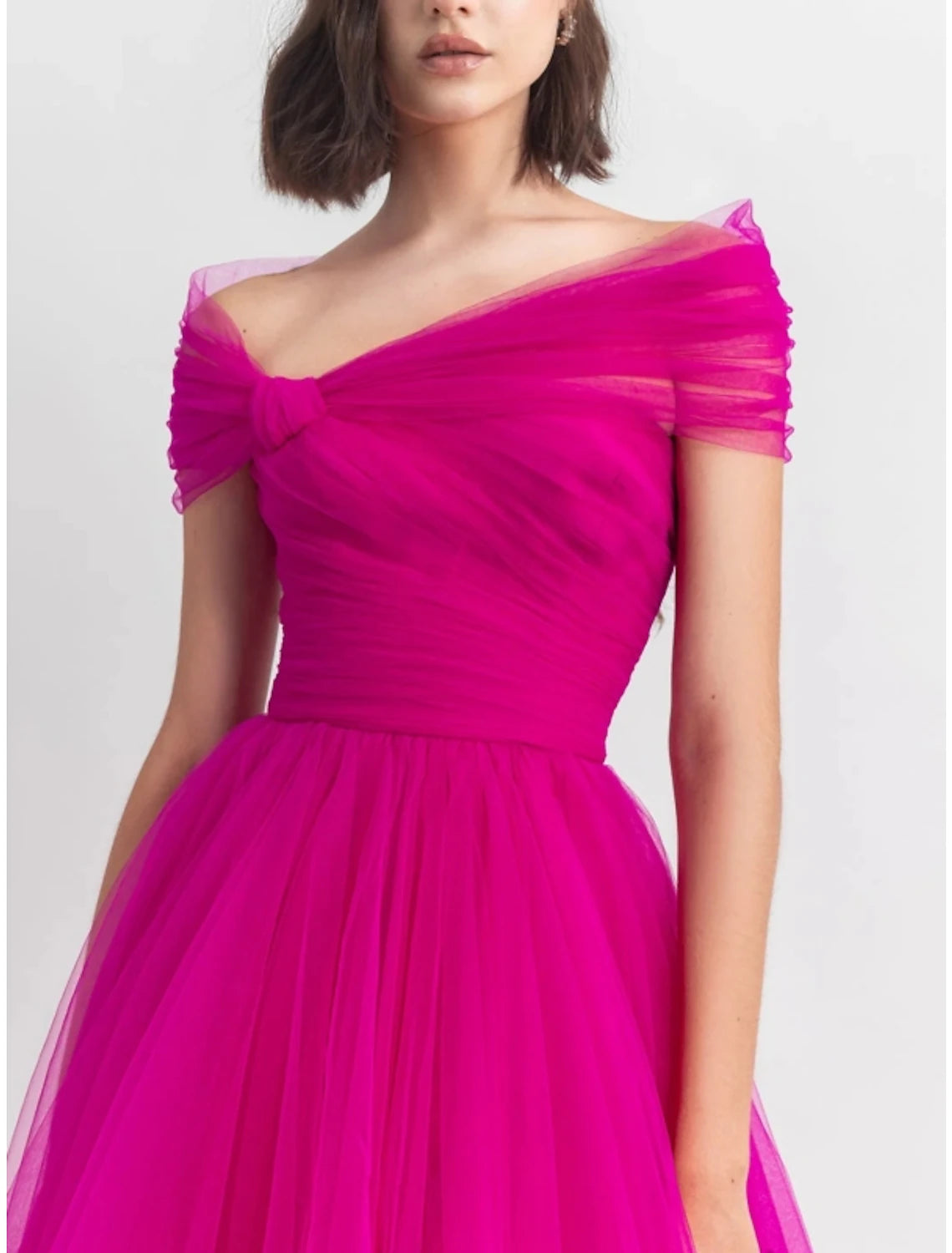 Wholesa A-Line Evening Gown Party Dress Puffy Dress Formal Fall Ankle Length Short Sleeve Off Shoulder Tulle with Pleats Ruched