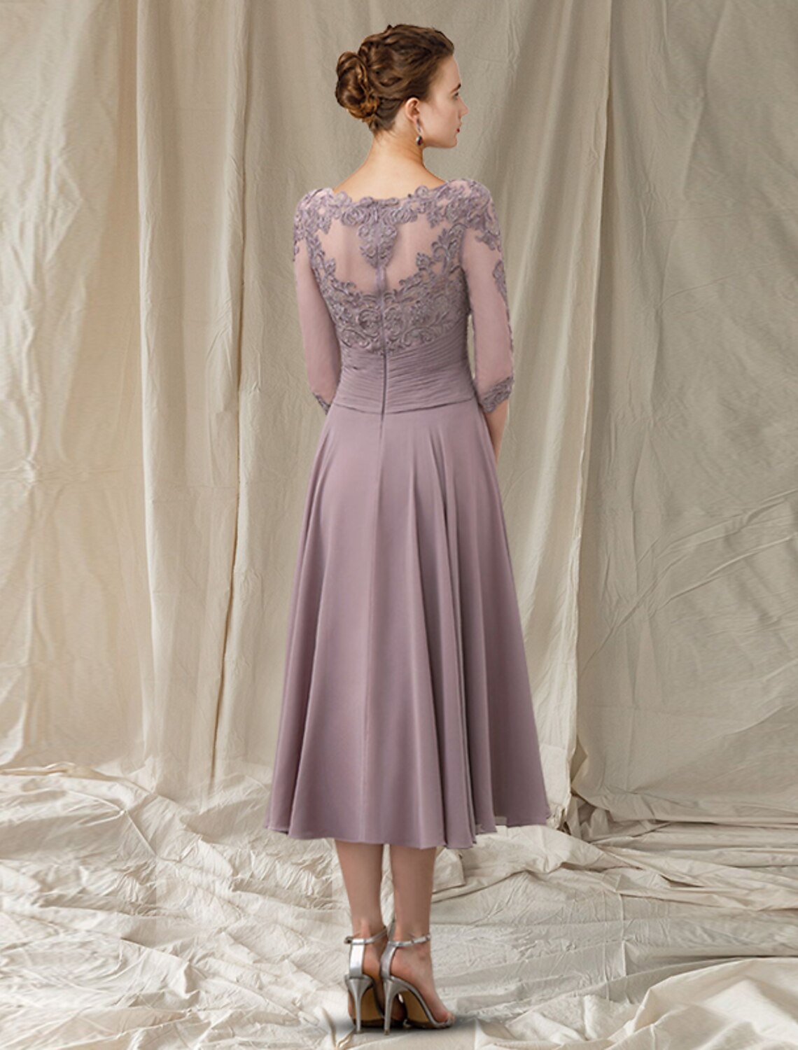 wholesale  A-Line Mother of the Bride Dress Elegant Jewel Neck Tea Length Chiffon Lace Half Sleeve with Pleats Ruched Beading