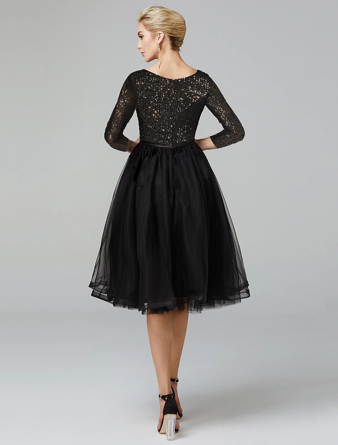 Wholesa  A-Line Cocktail Dresses Sparkle & Shine Dress Formal Wedding Guest Tea Length 3/4 Length Sleeve Jewel Neck Fall Wedding Guest Tulle with Sequin Strappy