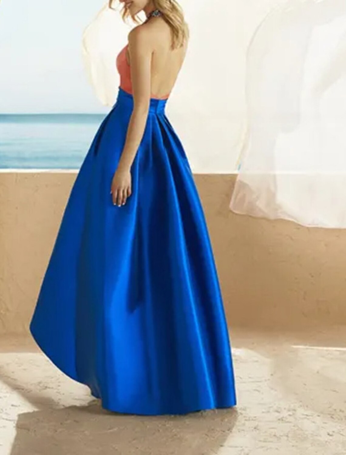 Wholesa A-Line Evening Gown Color Block Dress Formal Wedding Guest Asymmetrical Sleeveless Halter Neck Satin Backless with Ruffles