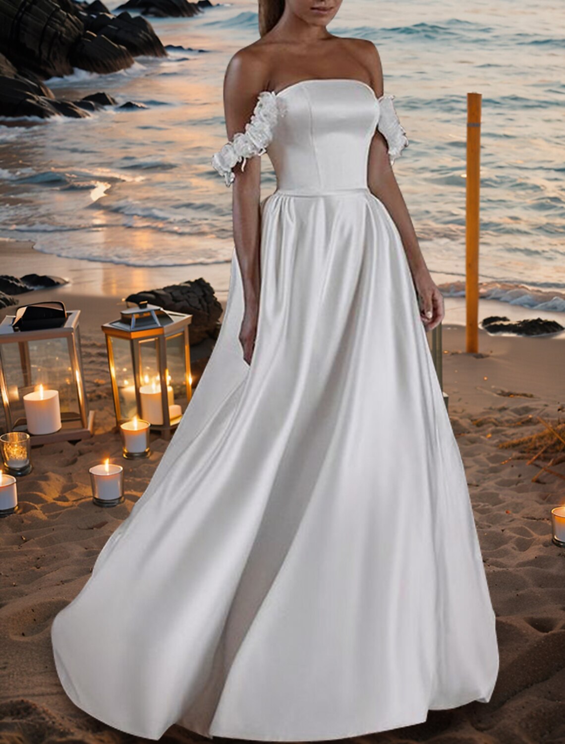 Wholesa Hall Formal Wedding Dresses A-Line Off Shoulder Sleeveless Floor Length Satin Bridal Gowns With Pleats Flower