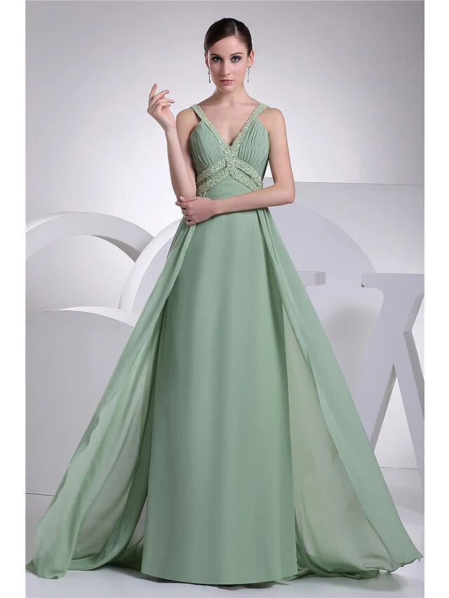 Wholesa A-Line Evening Gown Sparkle Dress Formal Evening Floor Length Sleeveless Spaghetti Strap Chiffon with Beading