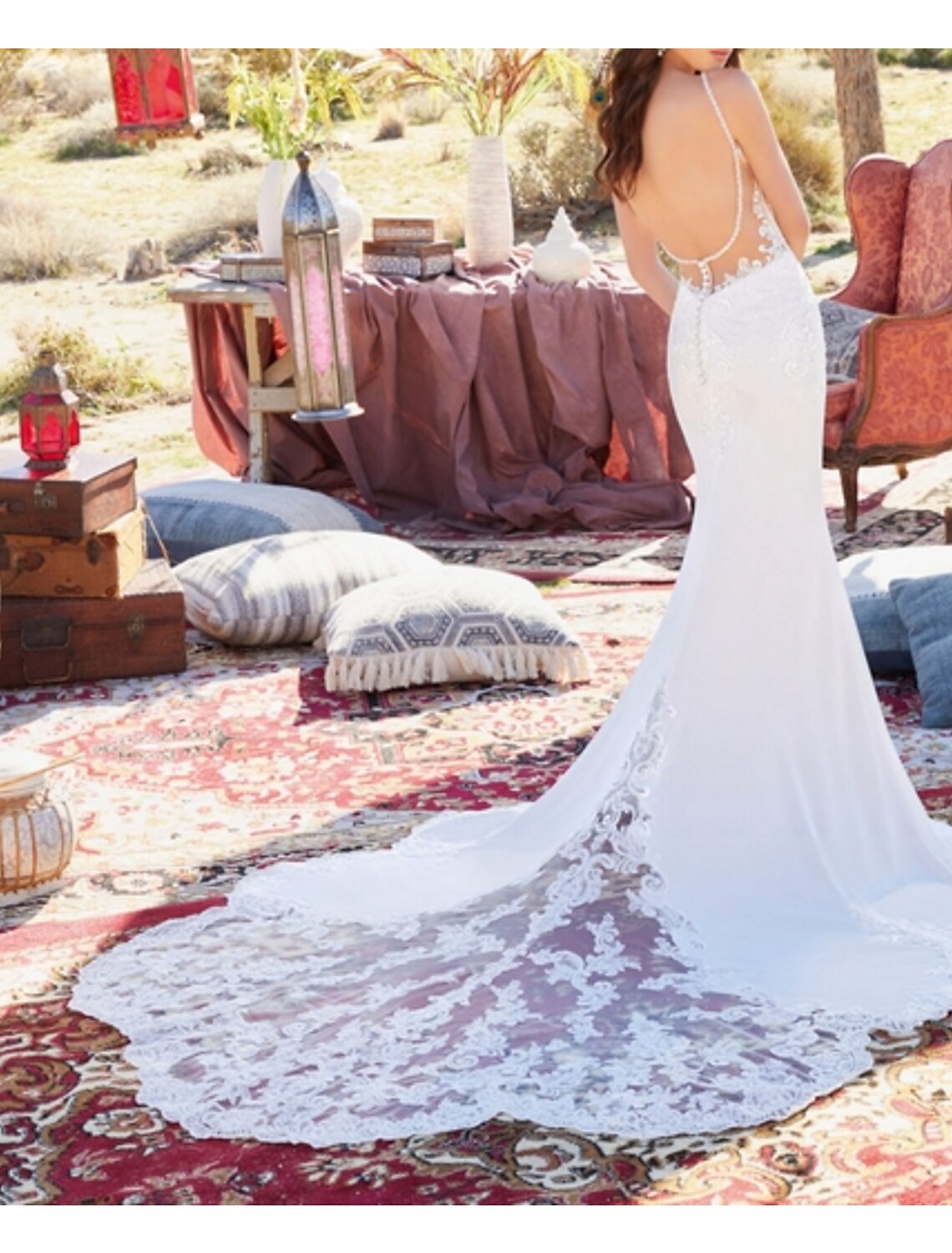 Wholesa Engagement Open Back Formal Boho Wedding Dresses Mermaid / Trumpet Sweetheart Camisole Spaghetti Strap Court Train Lace Bridal Gowns With Beading Lace Insert